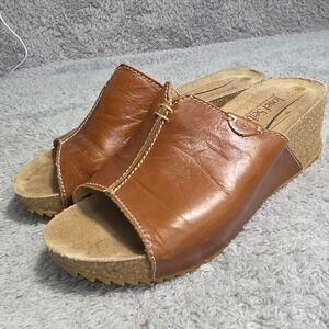 Josef Seibel Leather Slide Sandals Brown Cork Wedge Womens EU 37 U 6-6.5S